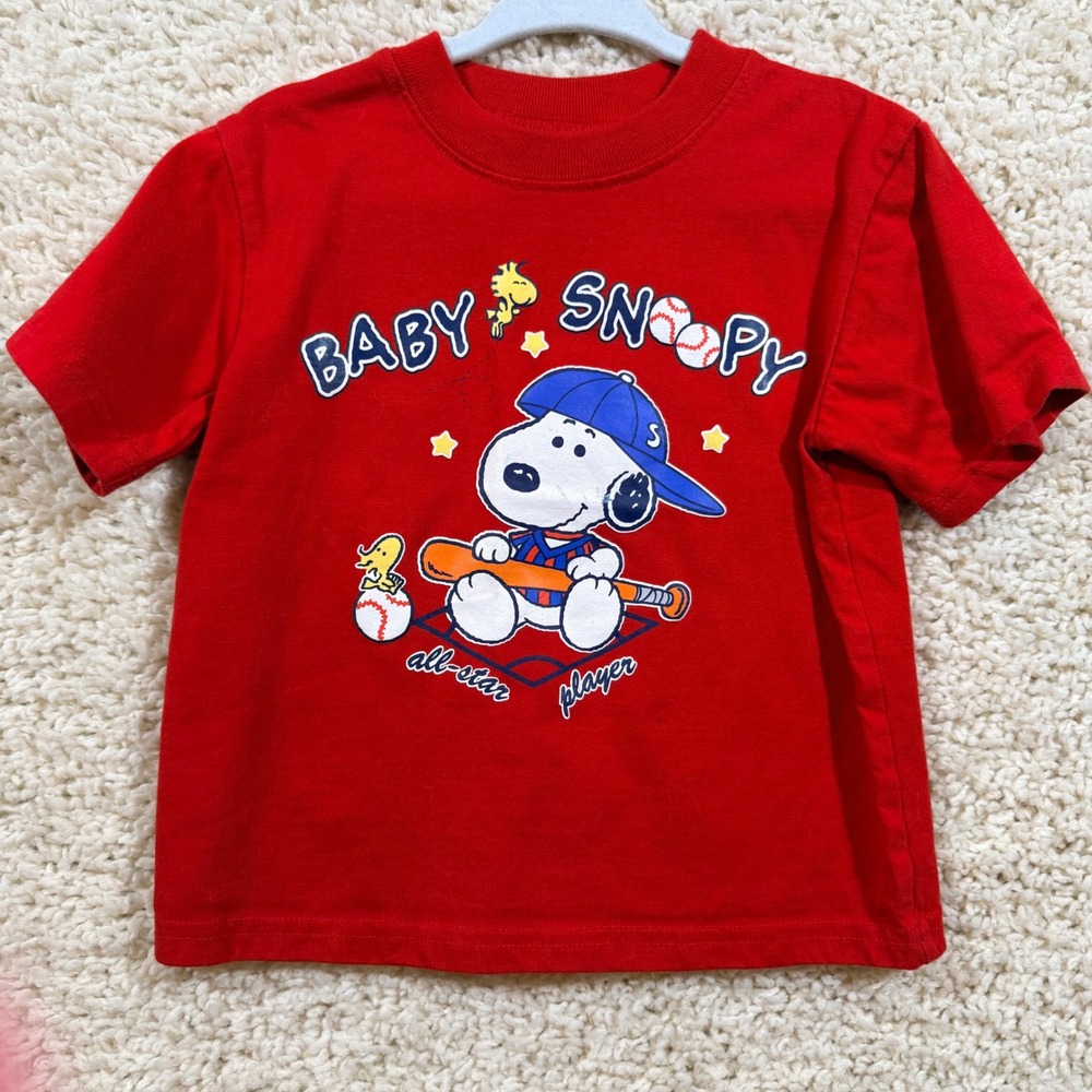 Vintage Y2K Baby Snoopy Peanuts Baseball Player Red Graphic T-Shirt 24M